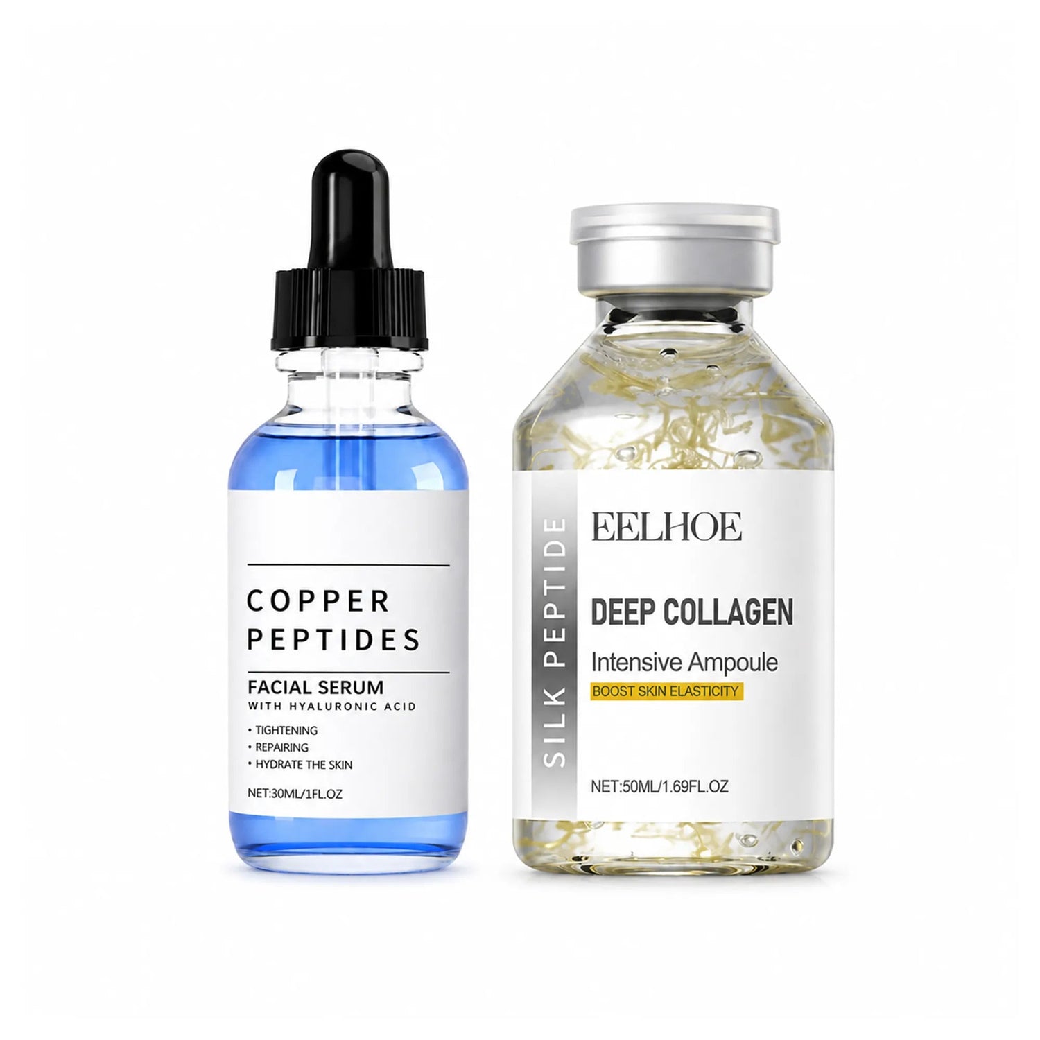 Eelhoe Age Defense Duo face serum set with two bottles, designed to reduce aging signs and enhance skin firmness.
