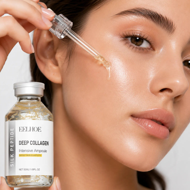 Eelhoe collagen peptide face serum in a glass bottle with a pump dispenser, highlighting skincare for radiant skin.