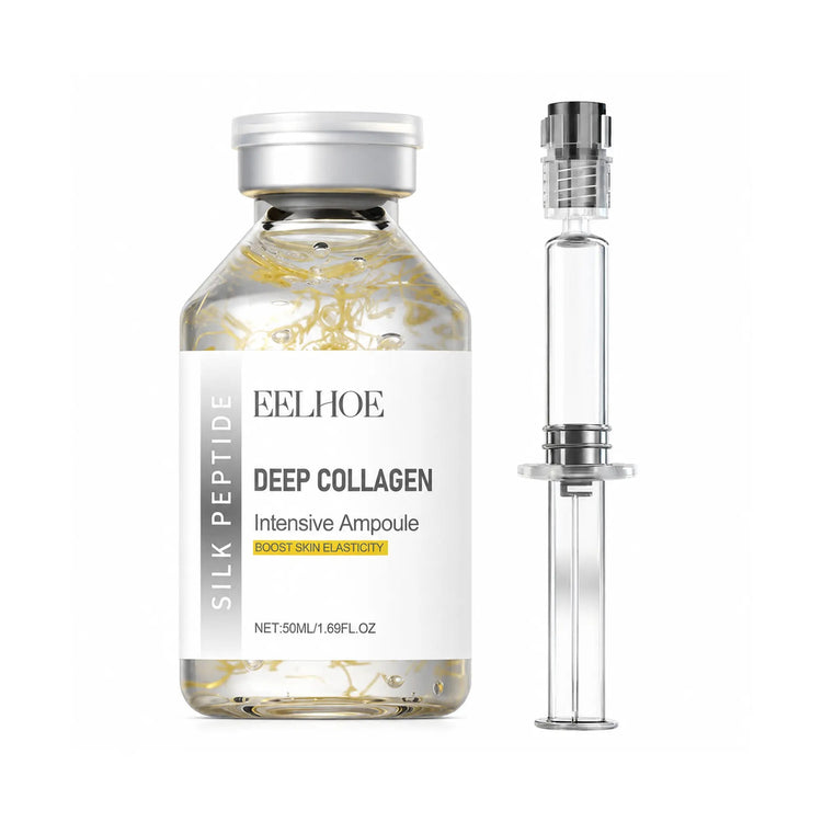 Eelhoe collagen peptide face serum in a glass bottle with a dropper, showcasing a clear, nourishing skincare product.