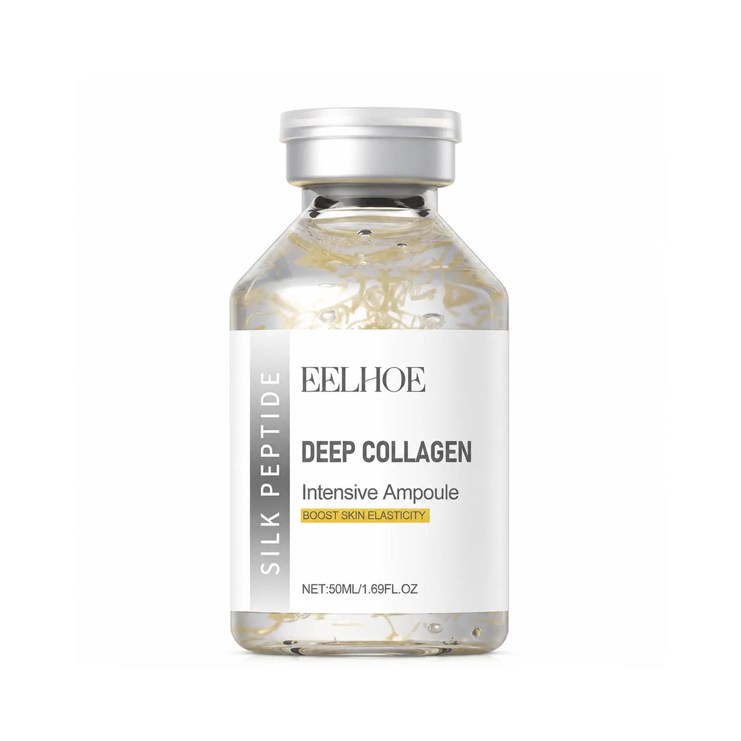 Eelhoe Collagen Peptide Face Serum in a clear glass bottle with dropper, showing its smooth, light-colored serum inside.
