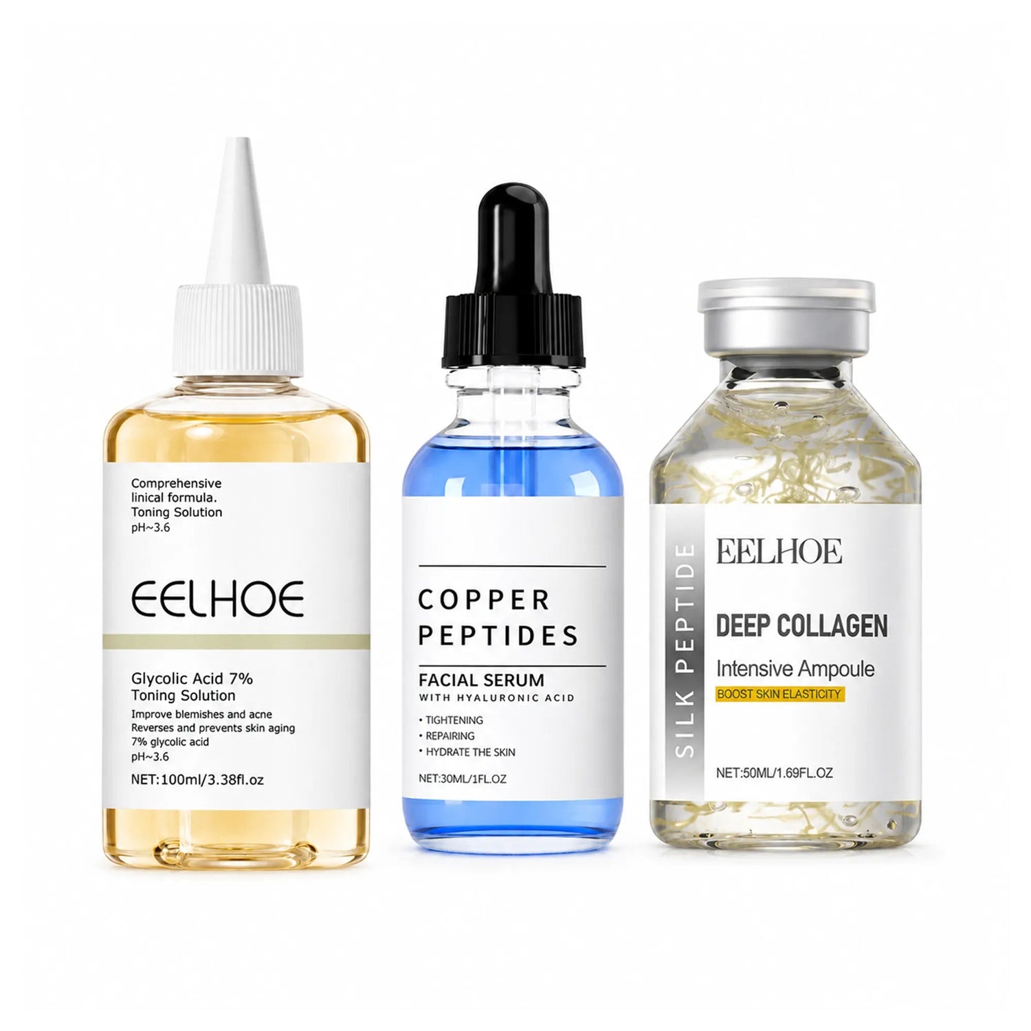 Eelhoe Complete Skin Renewal face serum bottle with dropper, showcasing clear liquid and sleek packaging.