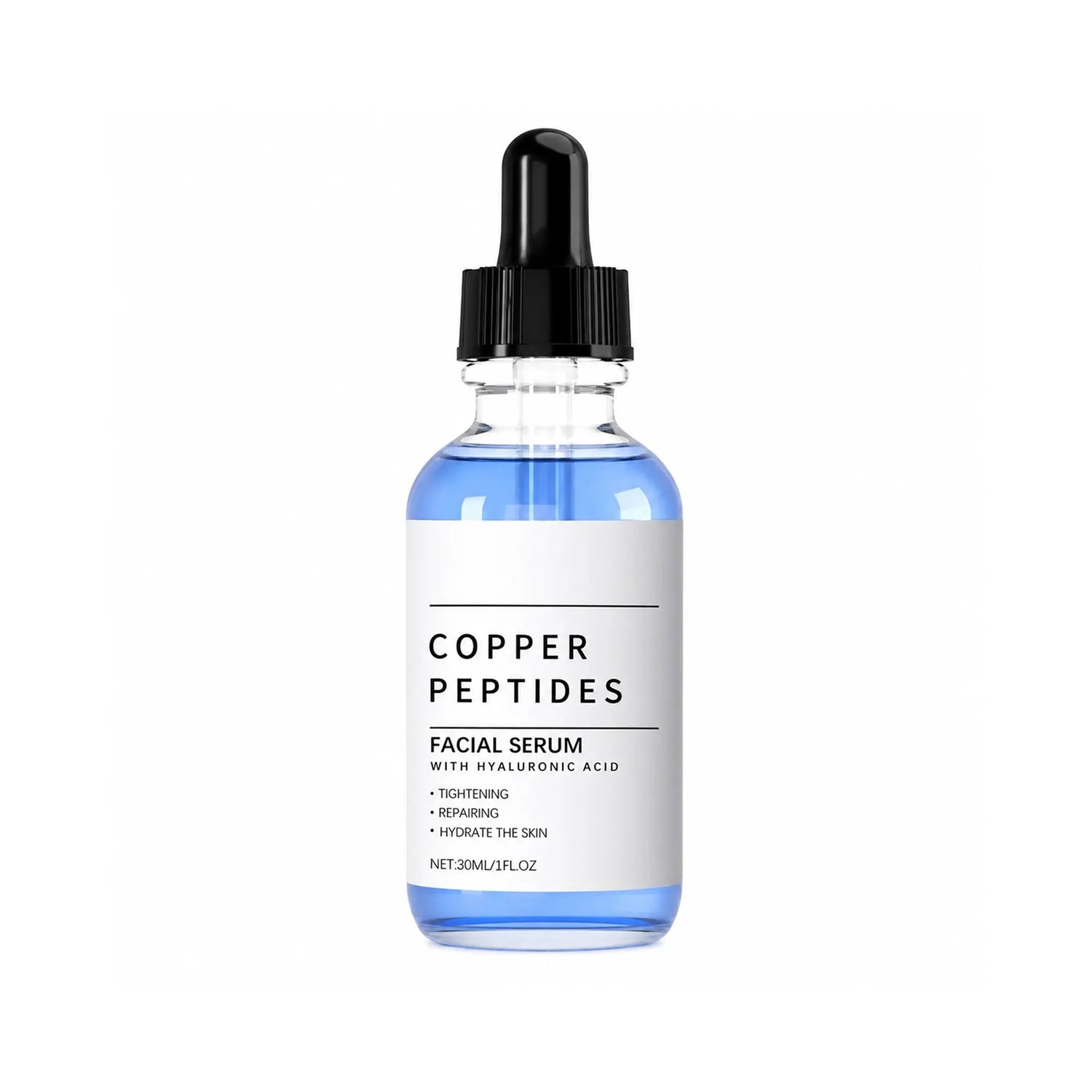 Eelhoe Copper Peptide Face Serum in a clear glass bottle, showcasing the serum's smooth, lightweight texture for youthful skin.