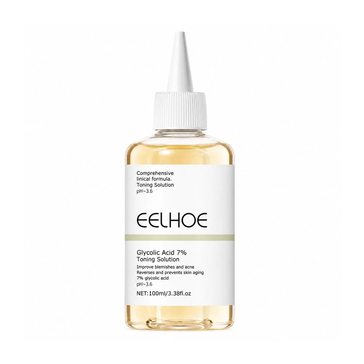 Eelhoe Glycolic Acid Toner in clear bottle with white cap, showing liquid inside, for exfoliating and refreshing skin.