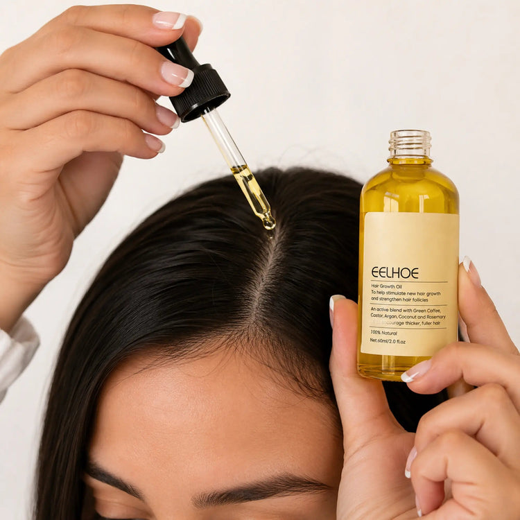 Eelhoe Rosemary Hair Oil bottle displayed with fresh rosemary sprigs, promoting hair growth and healthy hair care.