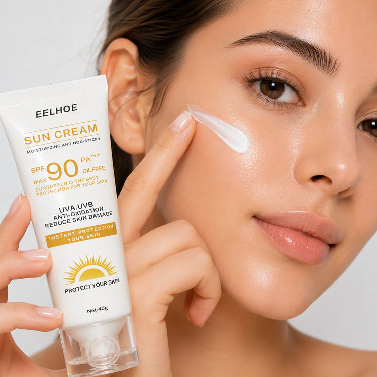 Eelhoe SPF 90 Daily Sunscreen tube with pump dispenser, designed for broad-spectrum sun protection and skincare.