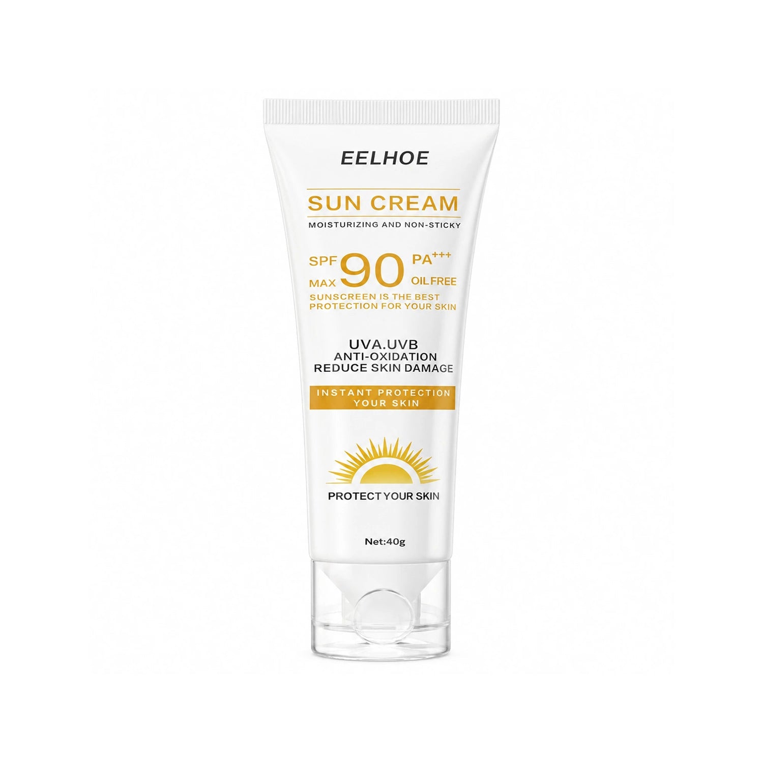 Eelhoe SPF 90 daily sunscreen bottle with pump dispenser, providing high sun protection in a sleek white packaging.